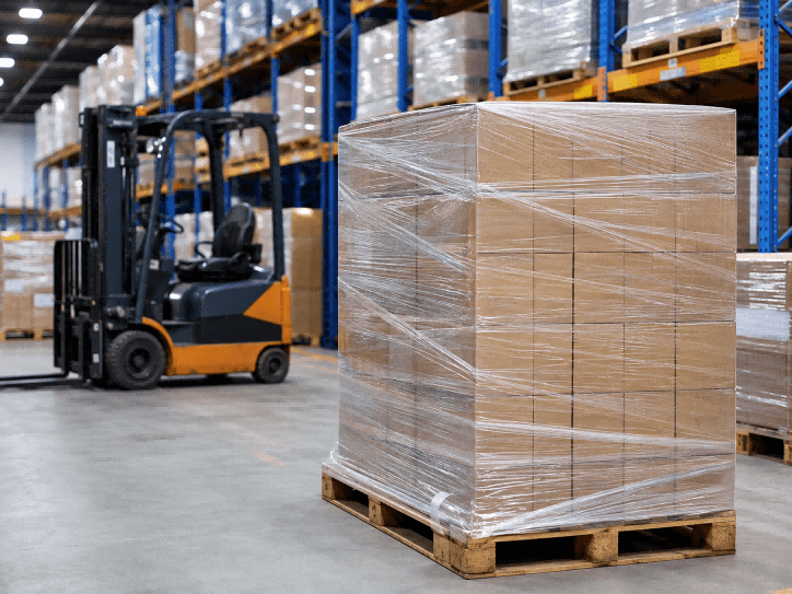 Stretch film wrapped goods in a logistics warehouse