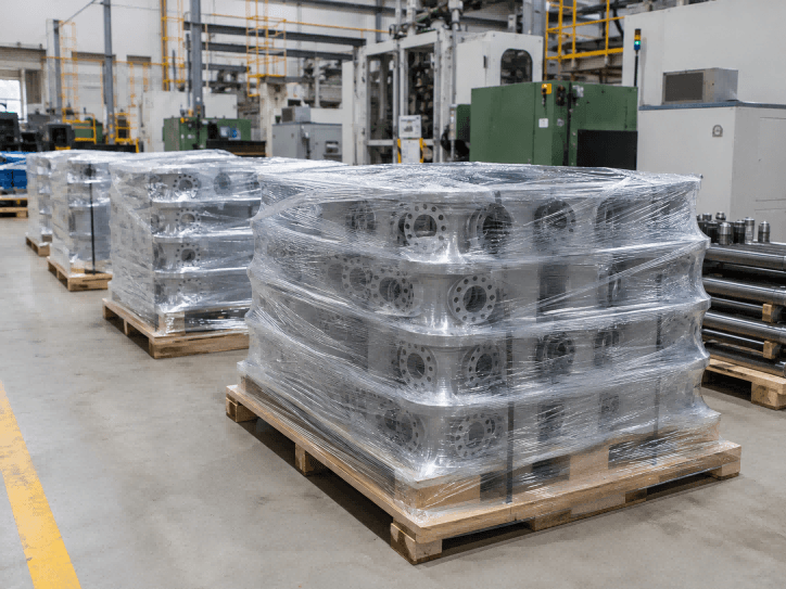 Stretch film wrapped industrial products on a manufacturing floor