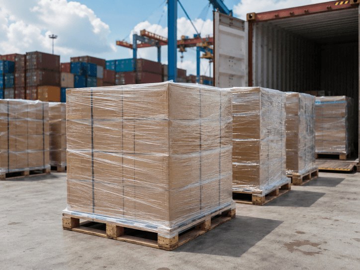 Stretch film wrapped industrial goods prepared for export shipping