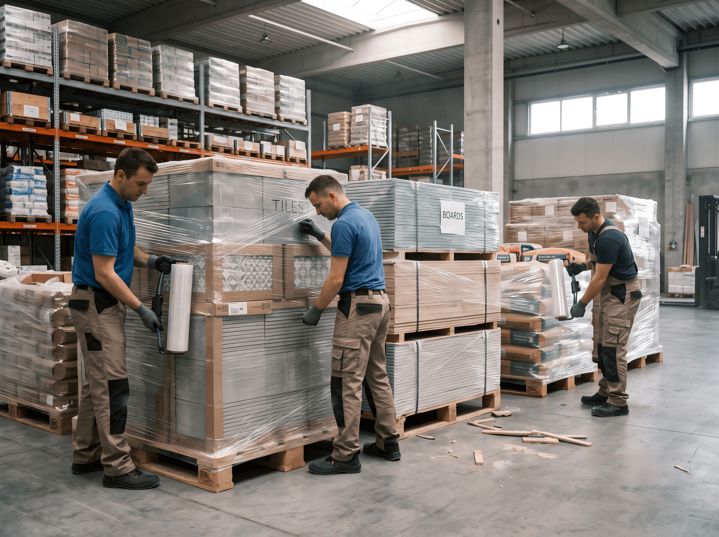 Stretch film securing building materials for storage and handling