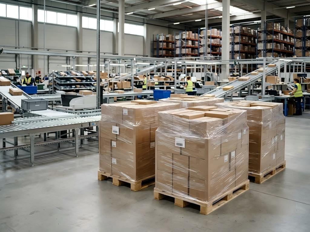 Stretch film wrapped cartons in an e-commerce fulfillment center