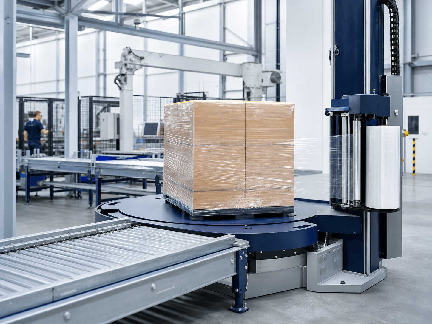 Automatic pallet wrapping machine using machine stretch film on a production line