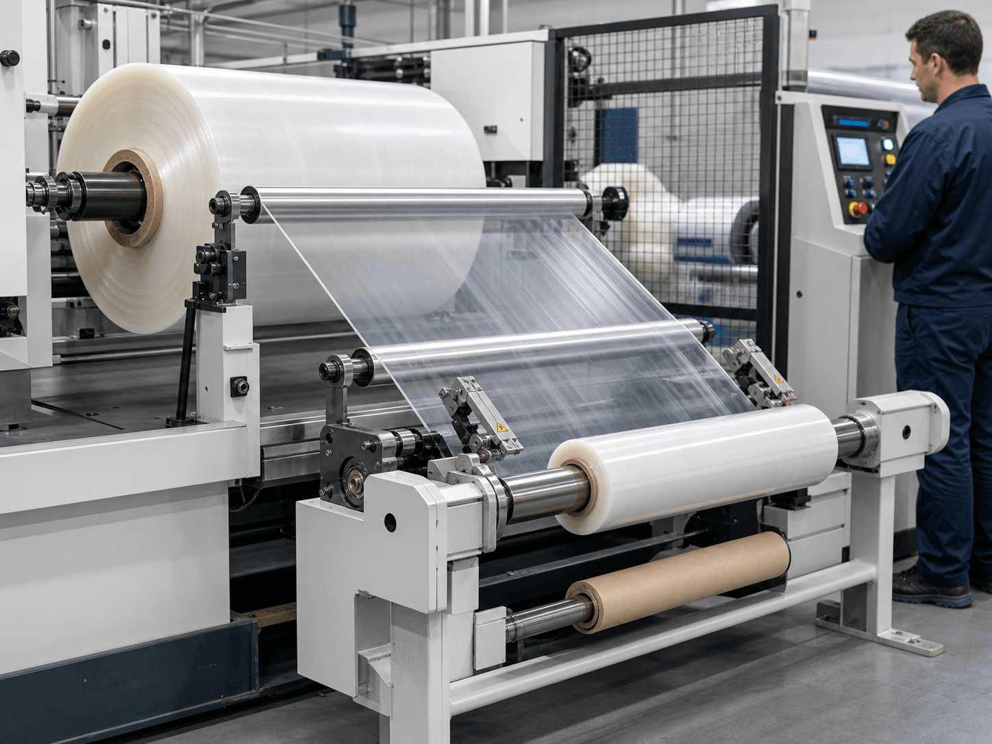 Jumbo stretch film being slit and rewound on an industrial converting machine