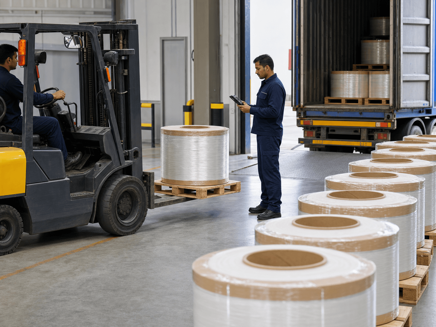 Finished stretch film rolls prepared for industrial packaging supply chains