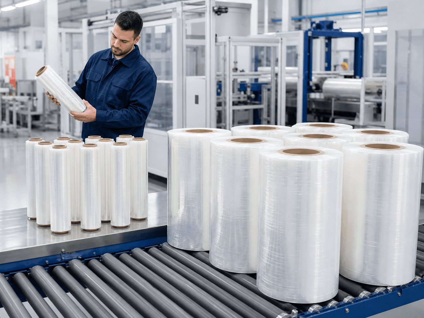 Jumbo stretch film master roll used in a stretch film converting facility