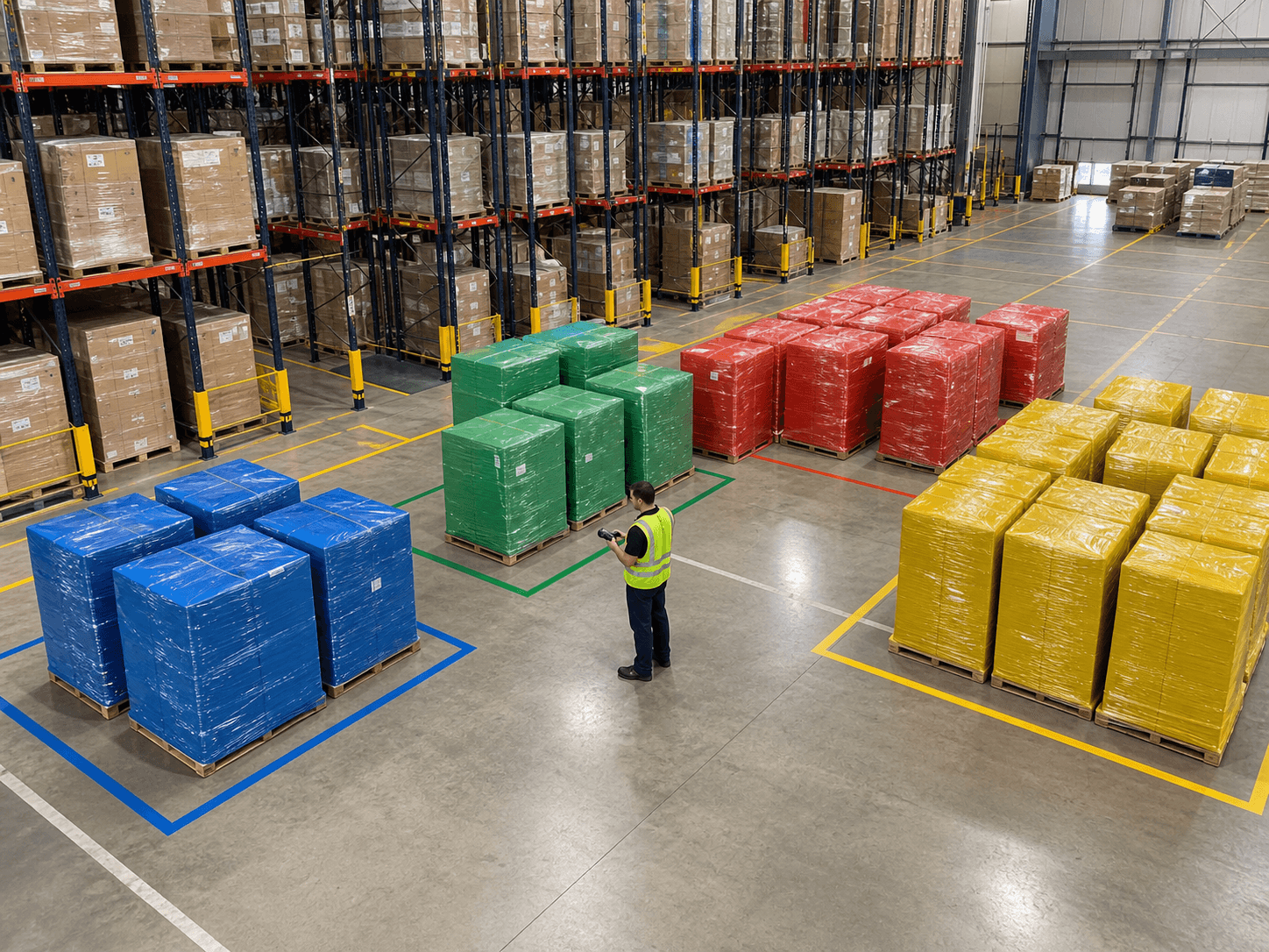 Color-coded stretch film used for warehouse inventory organization