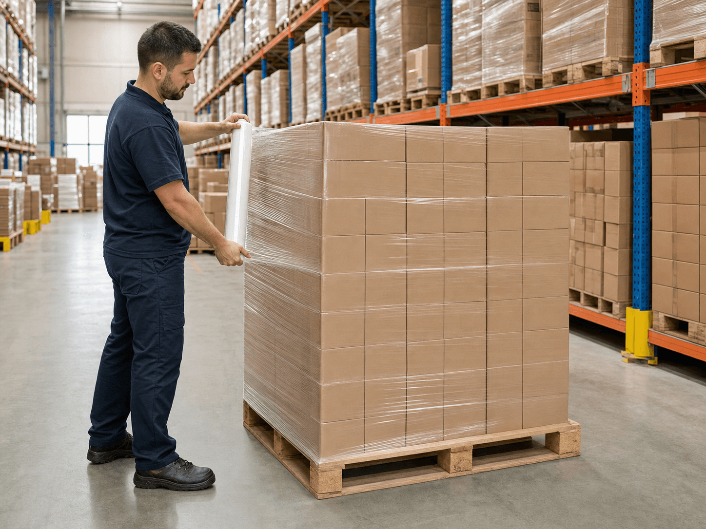 Pre-stretch film securing palletized goods in a warehouse