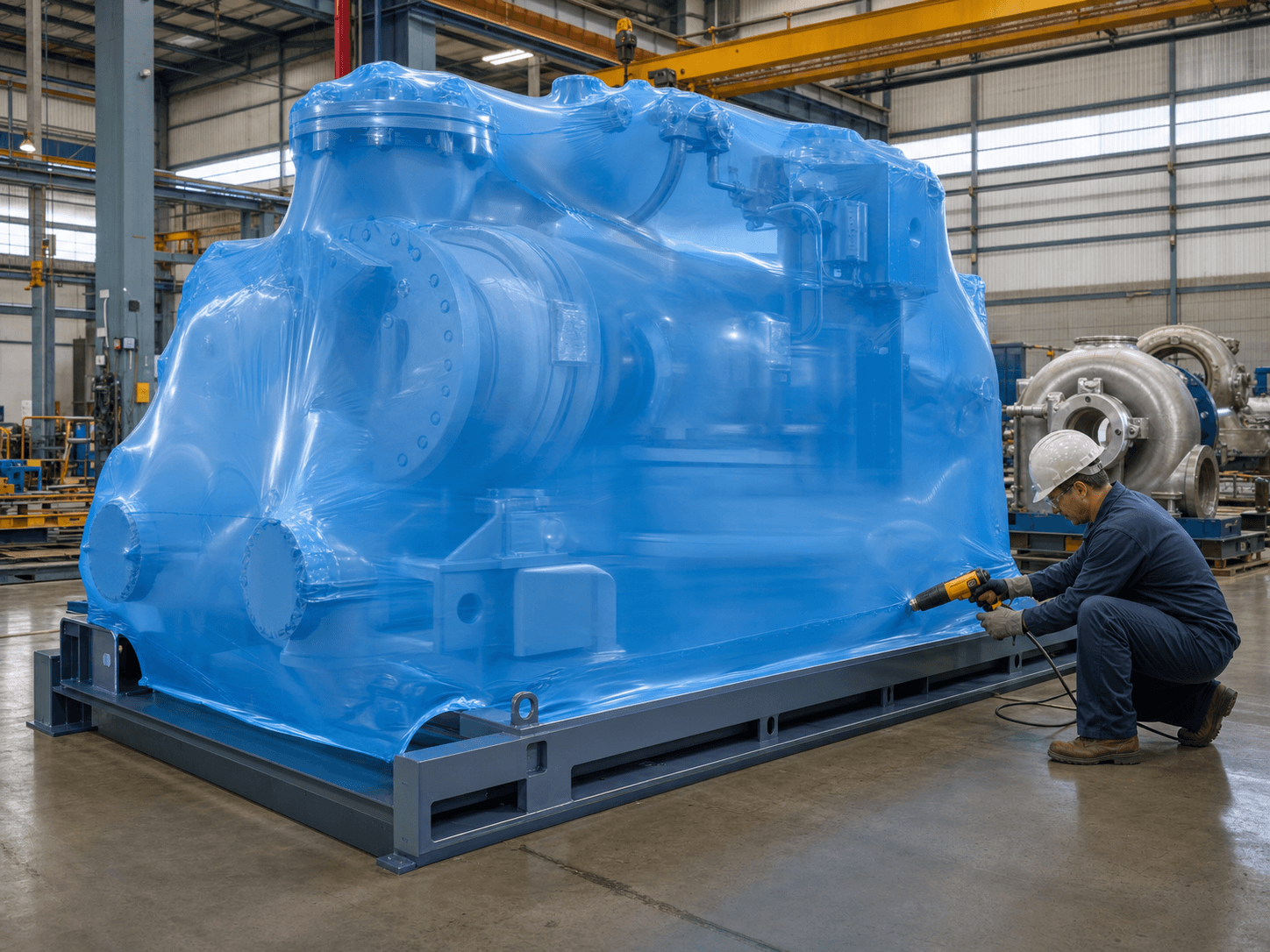 VCI shrink film protecting metal parts from corrosion during storage