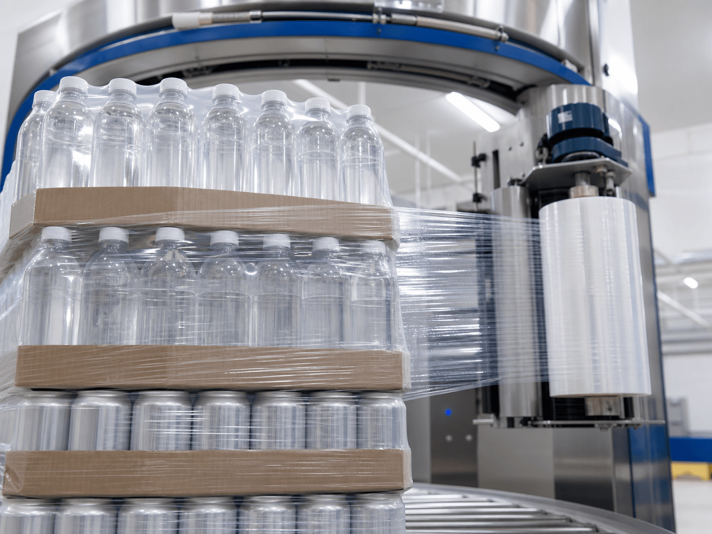 Machine stretch film securing food and beverage cartons for distribution