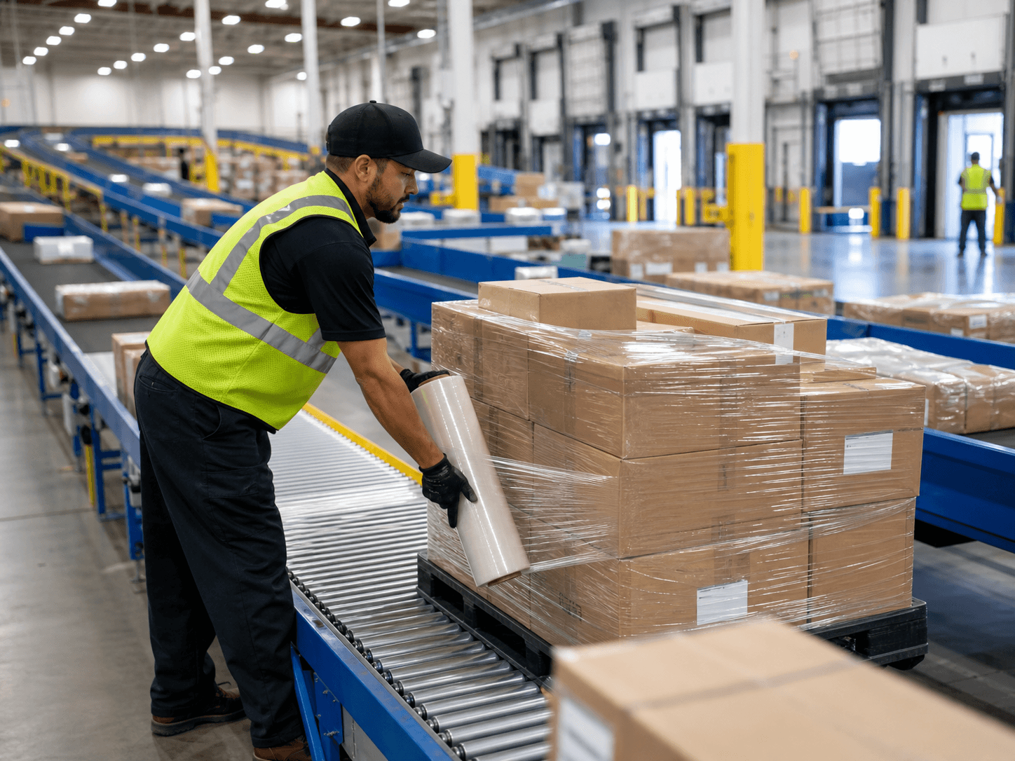 Pre-stretch film protecting packaged goods in a logistics distribution center