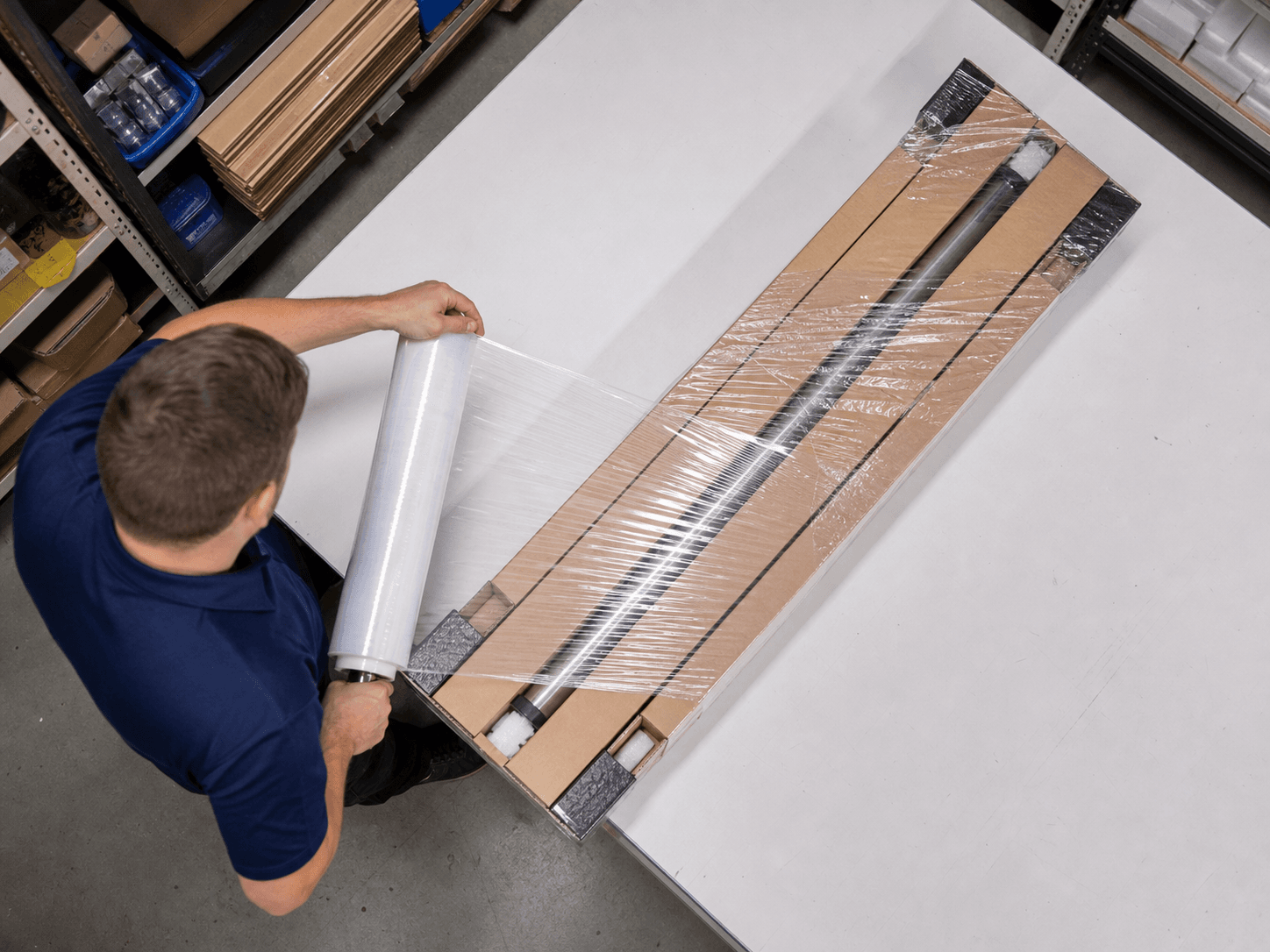 Warehouse worker wrapping stored goods with hand stretch film