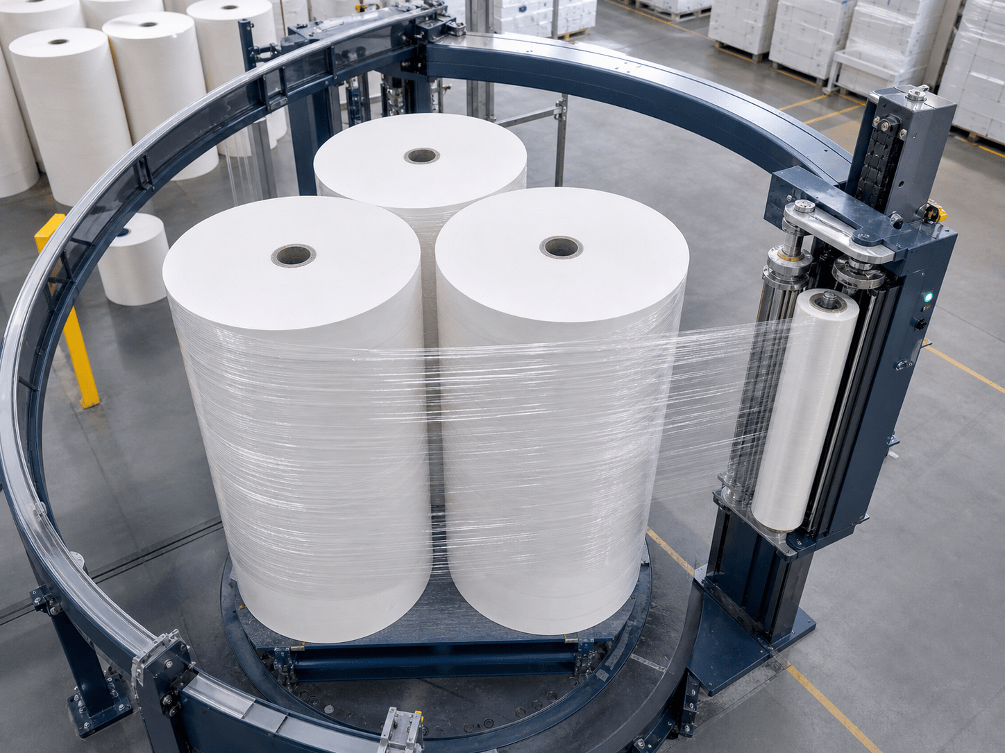 Machine stretch film protecting paper rolls and printed materials