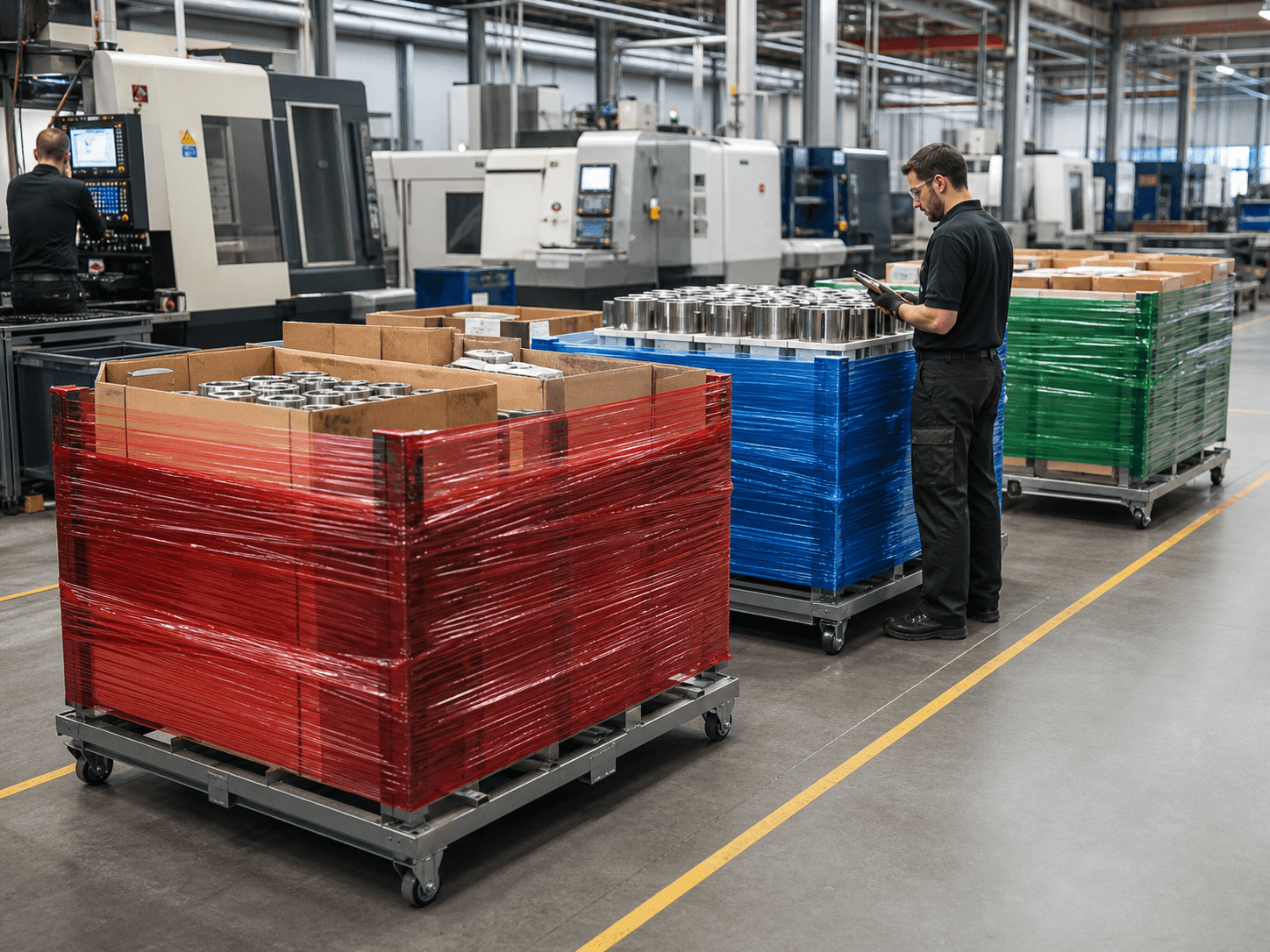 Colored stretch film separating industrial products and production batches