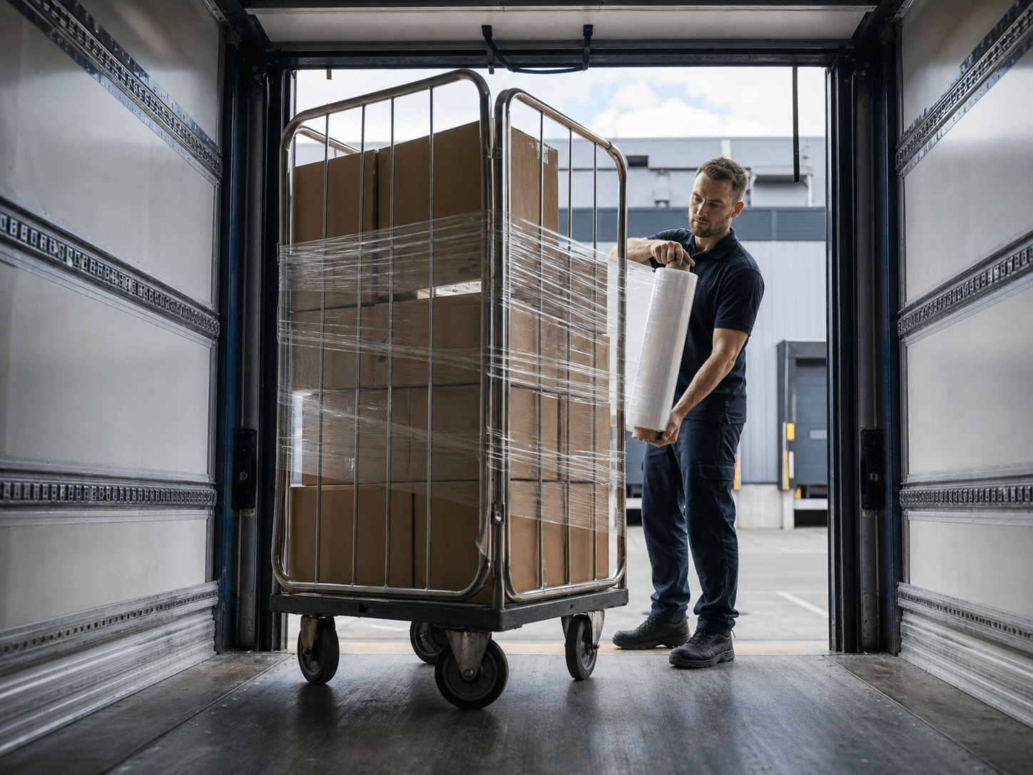 Hand stretch film securing packaged goods for logistics transportation