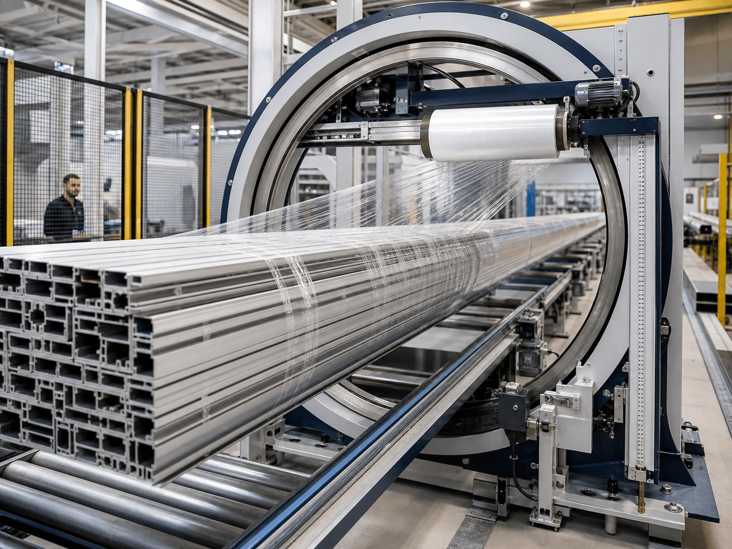 Machine stretch film securing industrial building materials for transport