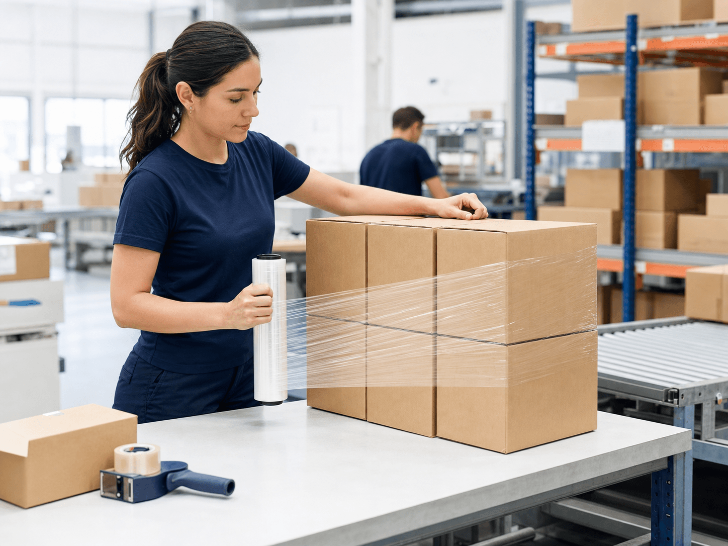 Manual stretch film wrapping goods in a distribution center