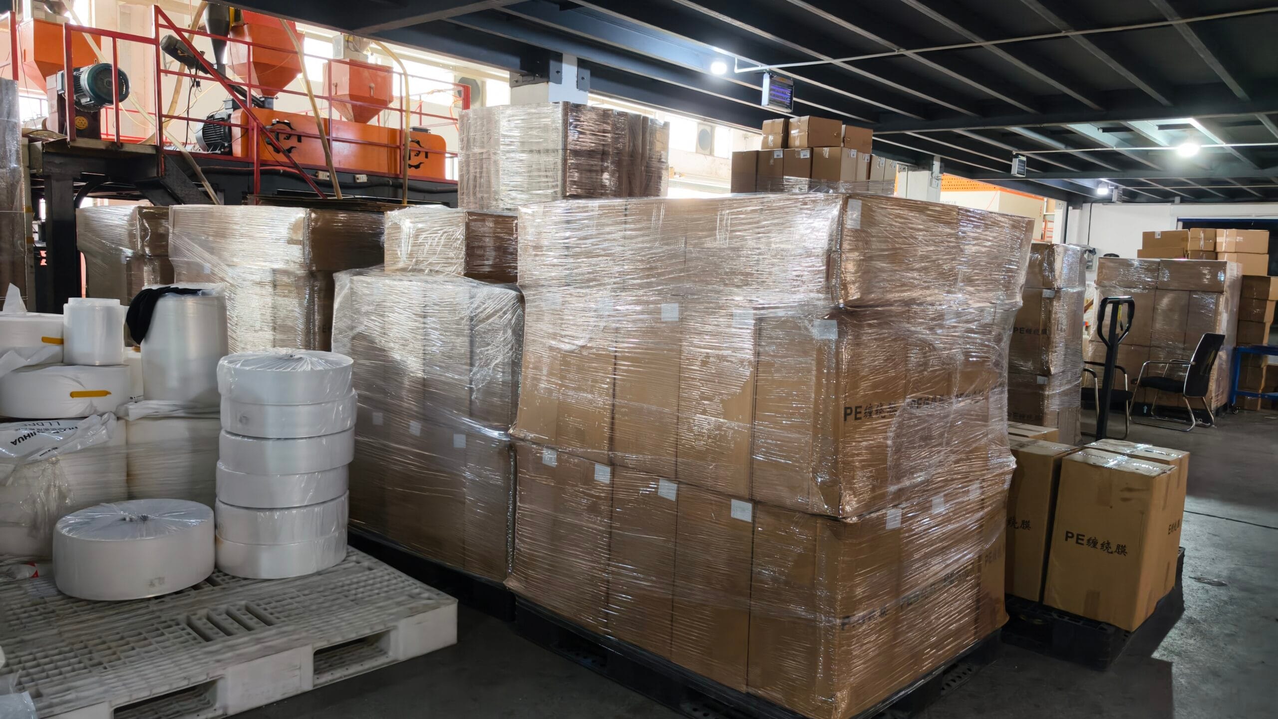Finished stretch film rolls and packaged goods ready for shipment