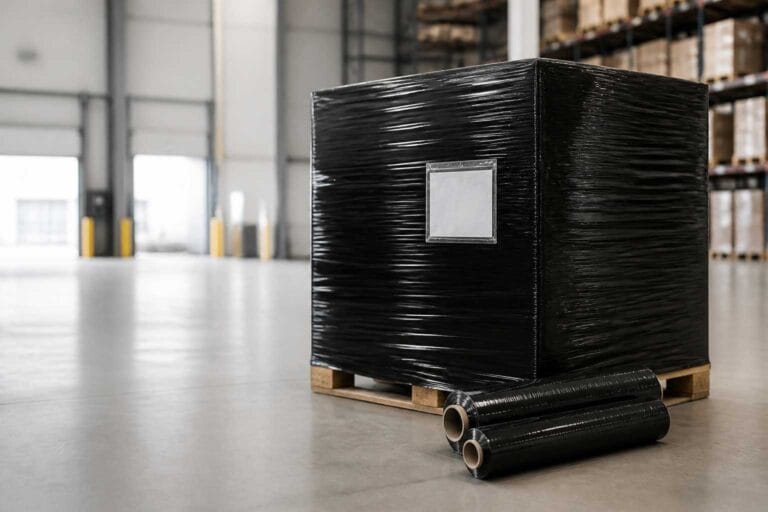 Black stretch film wrapped around a concealed pallet in a modern warehouse