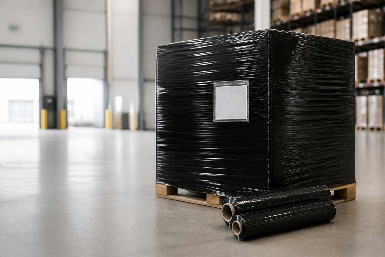 Black stretch film wrapped around a concealed pallet in a modern warehouse
