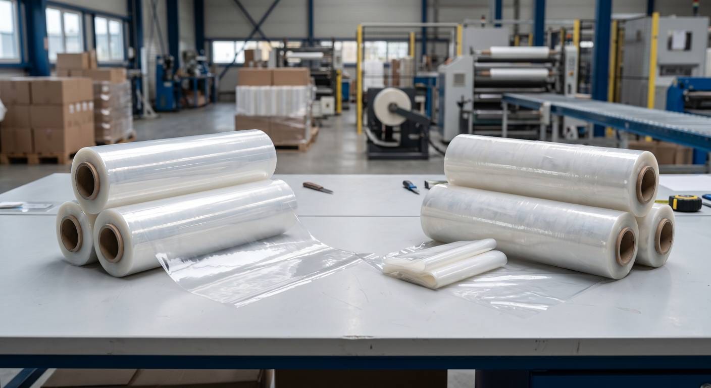 Cast and blown machine stretch film rolls displayed in an industrial quality-control area
