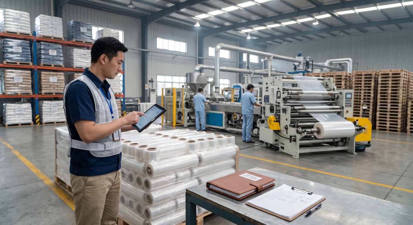 Procurement inspector verifying a stretch film factory and finished roll quality
