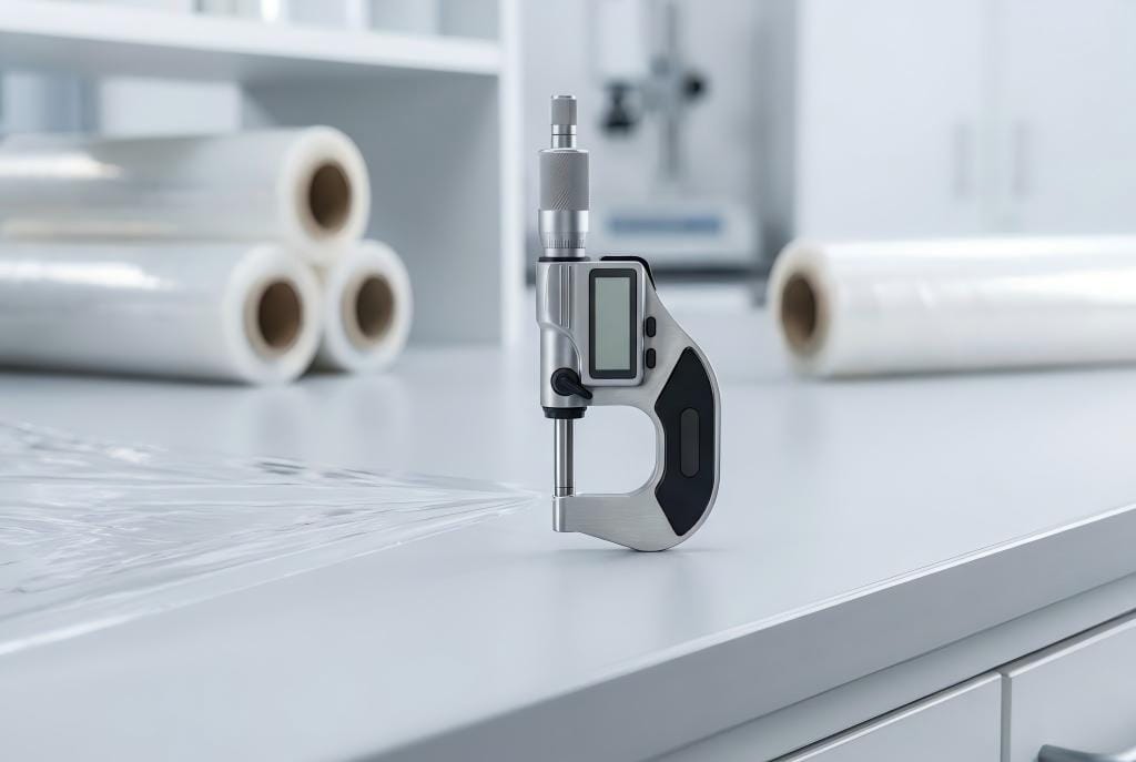 Digital micrometer measuring the thickness of transparent stretch film