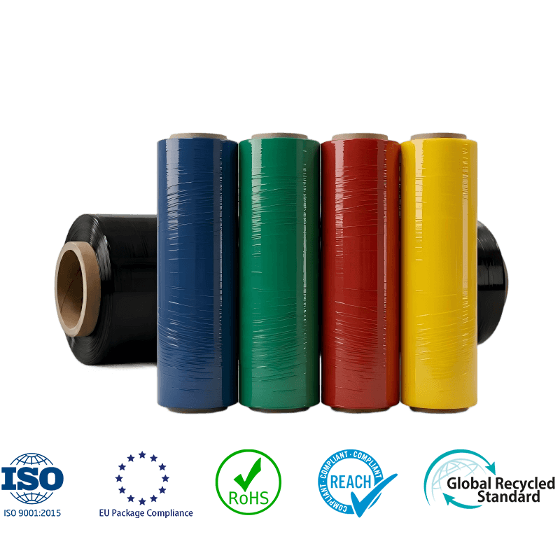 Black, blue, green, red and yellow colored stretch film rolls