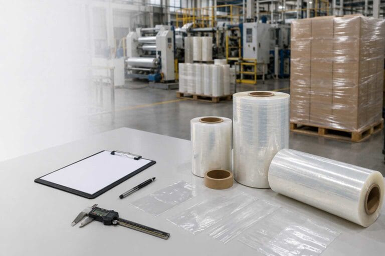 Industrial stretch film rolls being evaluated at a manufacturer quality-control station