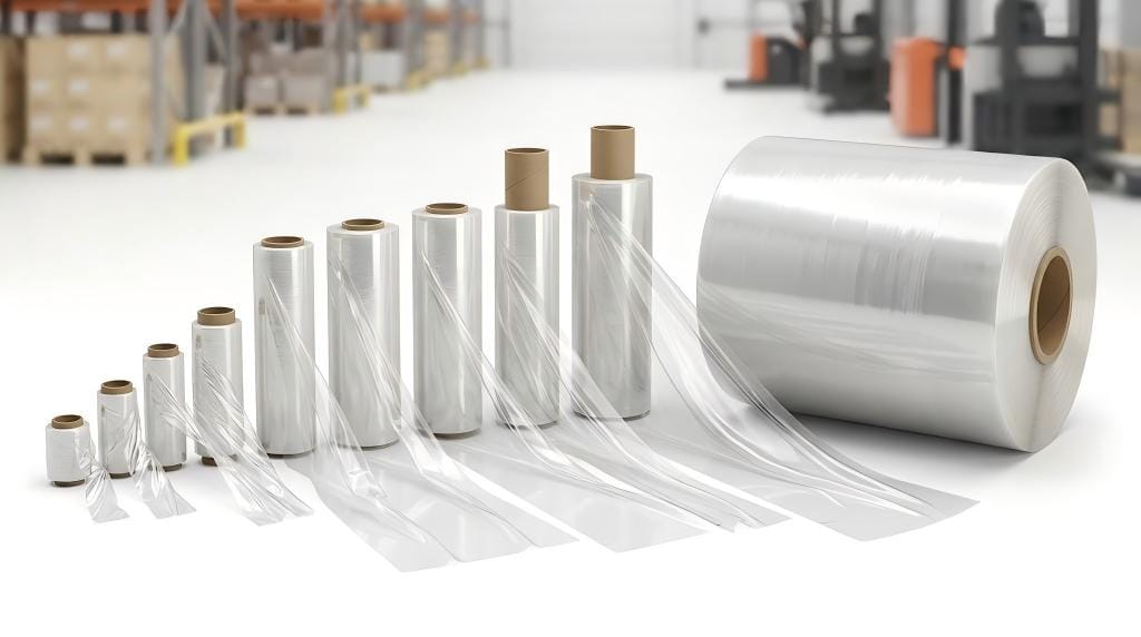 Industrial stretch film rolls in different sizes for hand and machine wrapping