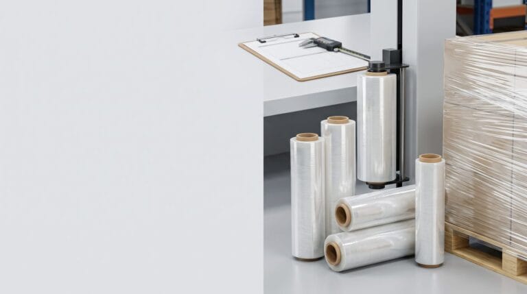 Machine stretch film rolls and a wrapped pallet prepared for specification and RFQ evaluation