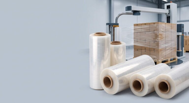 Machine stretch film roll beside a wrapped pallet and precision scale