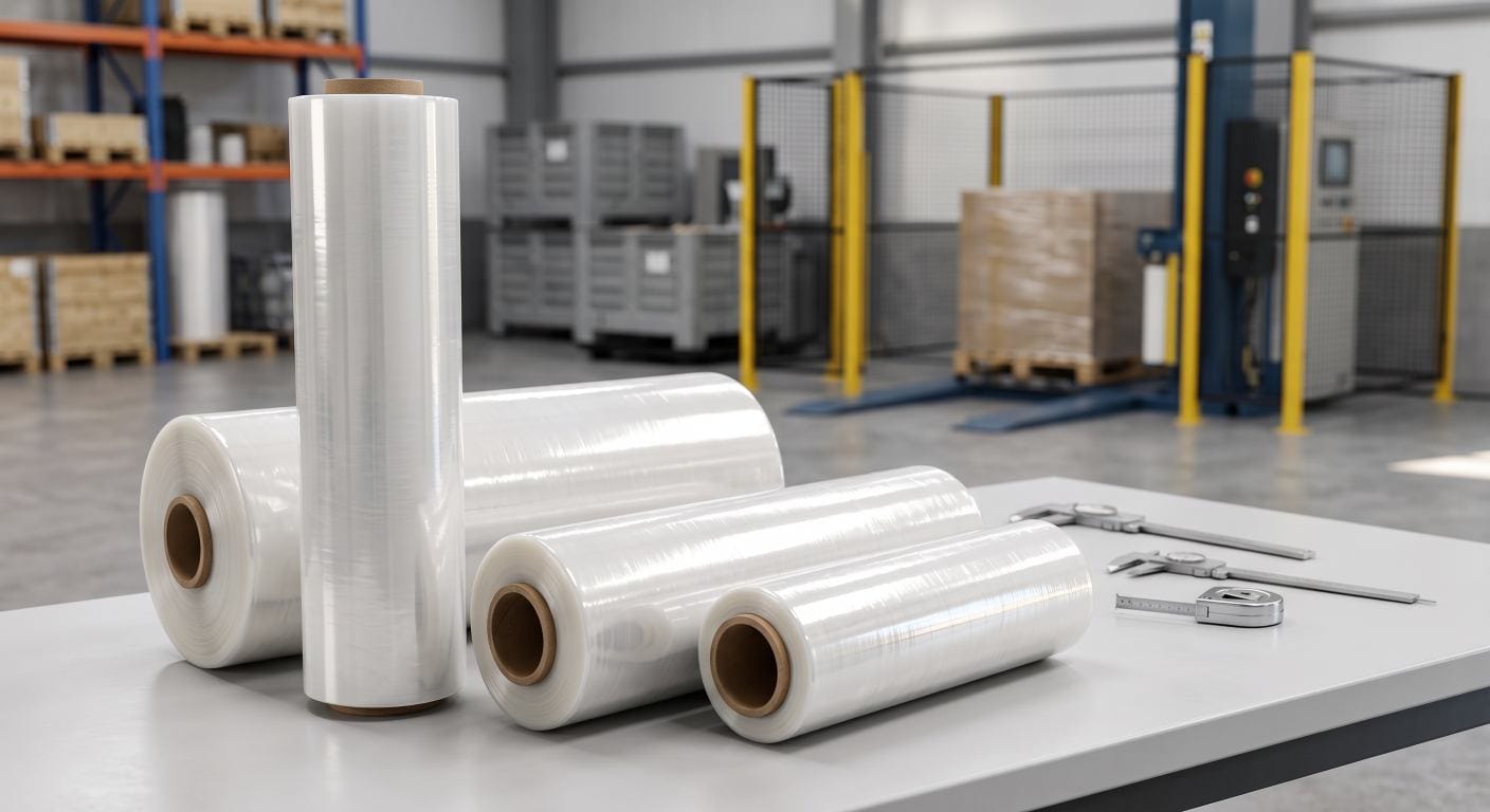 Machine stretch film rolls with different widths and standard 3-inch cores