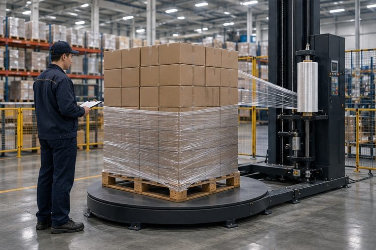 Machine stretch film sample being tested on an automatic pallet wrapping line