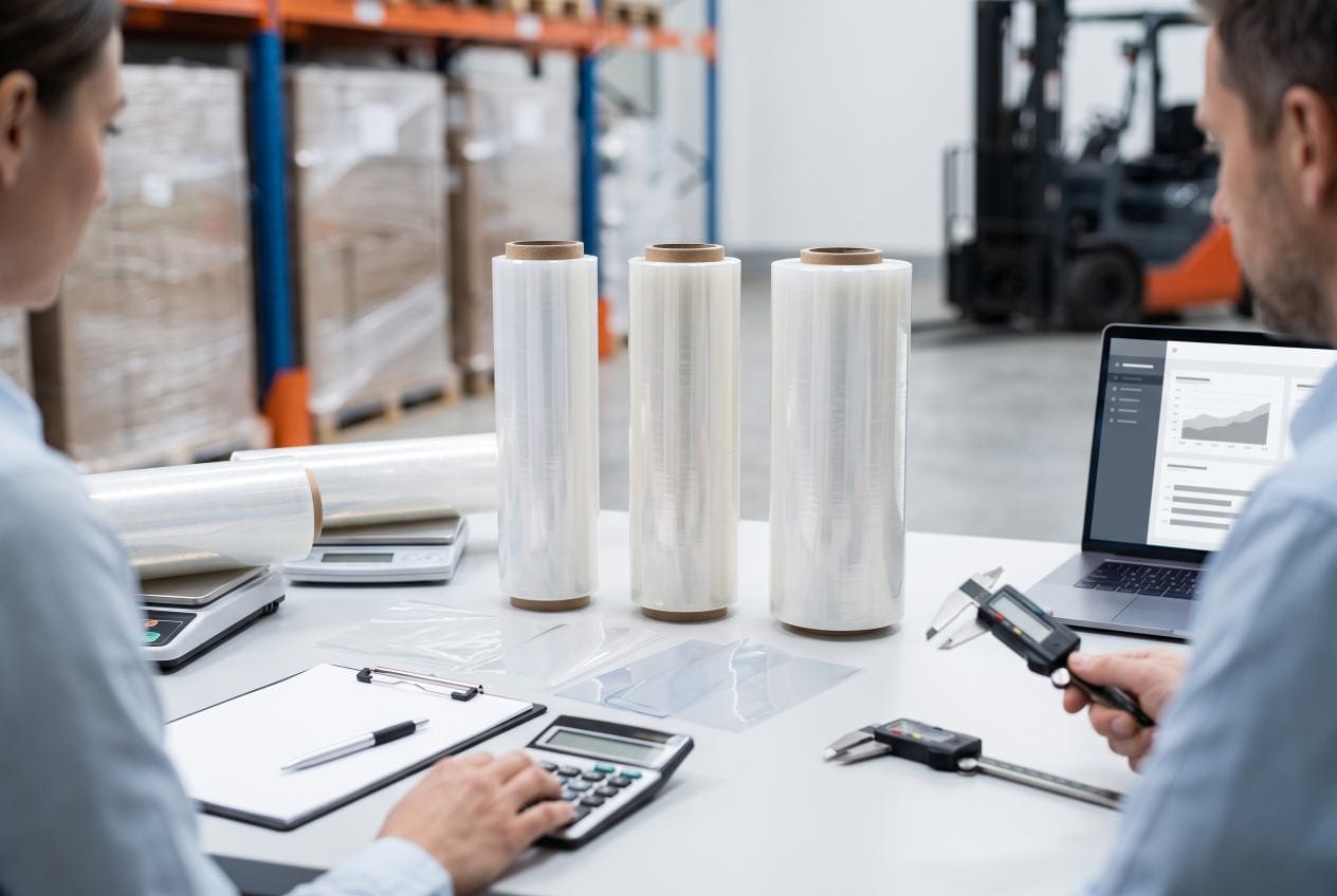 Machine stretch film samples being evaluated for an industrial RFQ