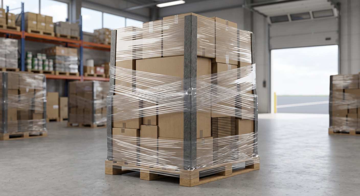 Machine stretch film securing an irregular pallet load with corner protection