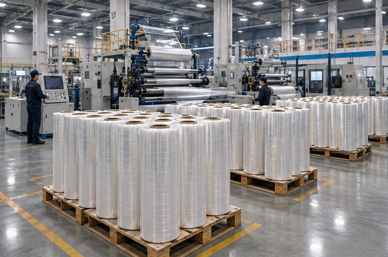 Modern stretch film manufacturing facility with finished machine film rolls