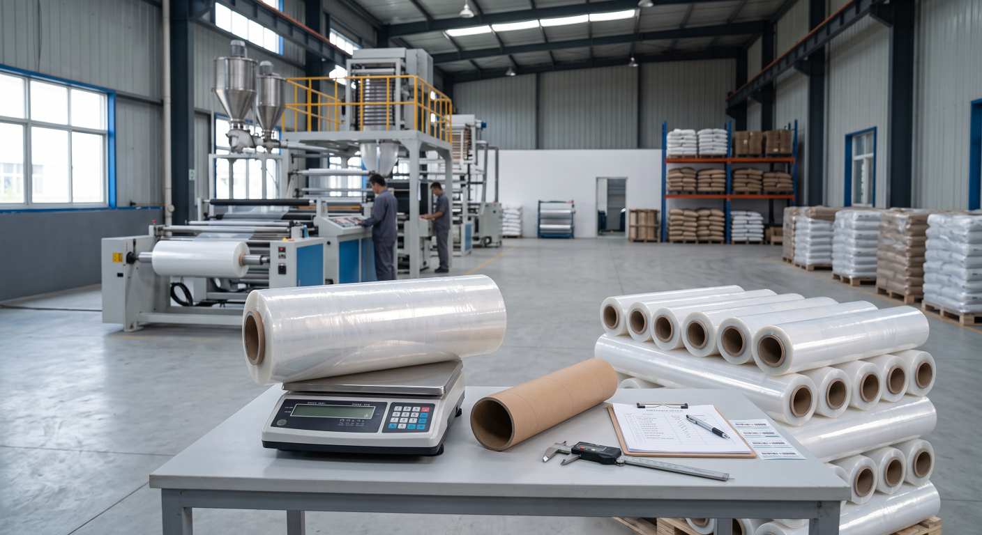 Quality inspection verifying stretch film net weight separately from the paper core