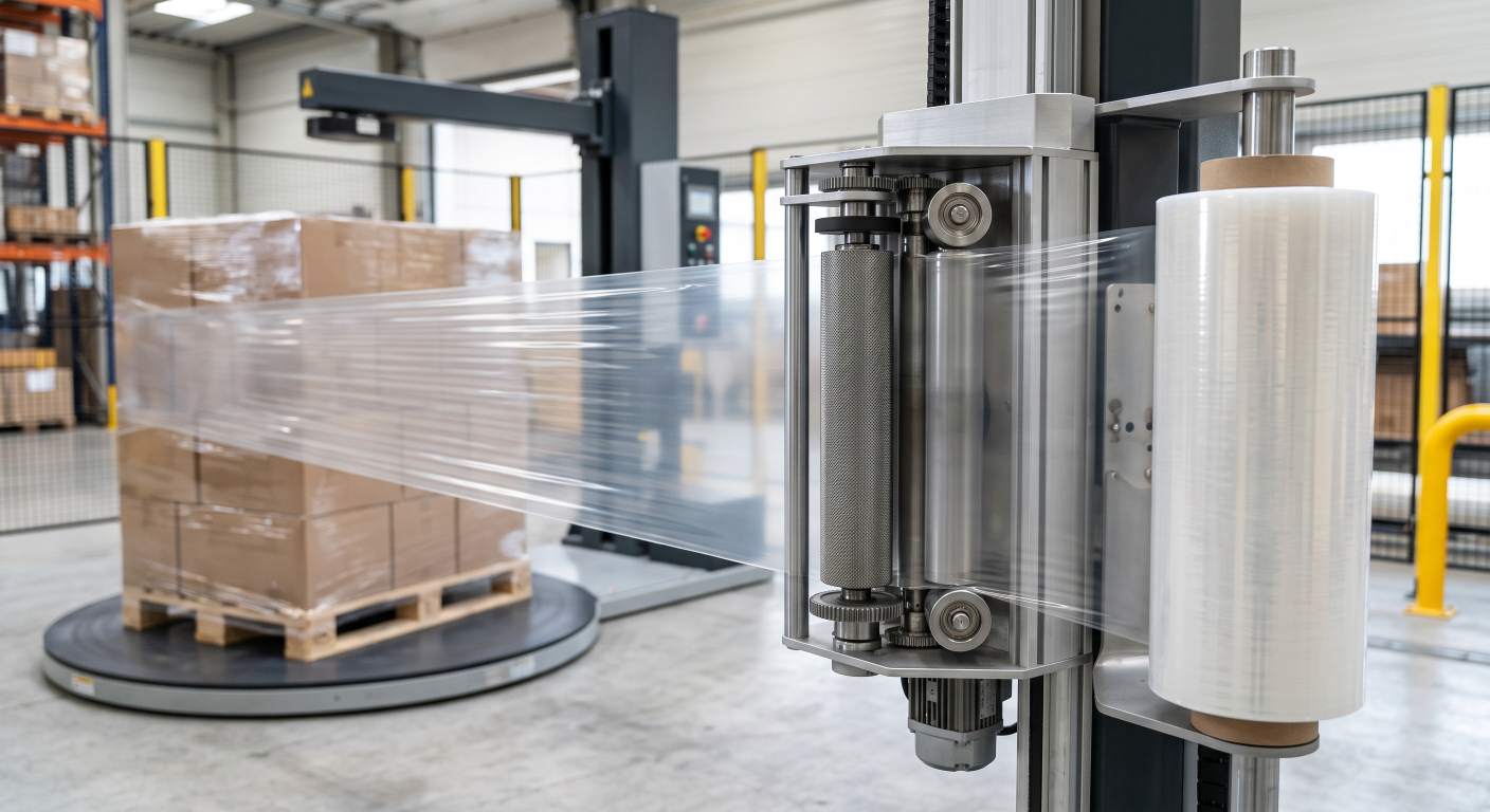Powered pre-stretch carriage applying machine stretch film to a pallet
