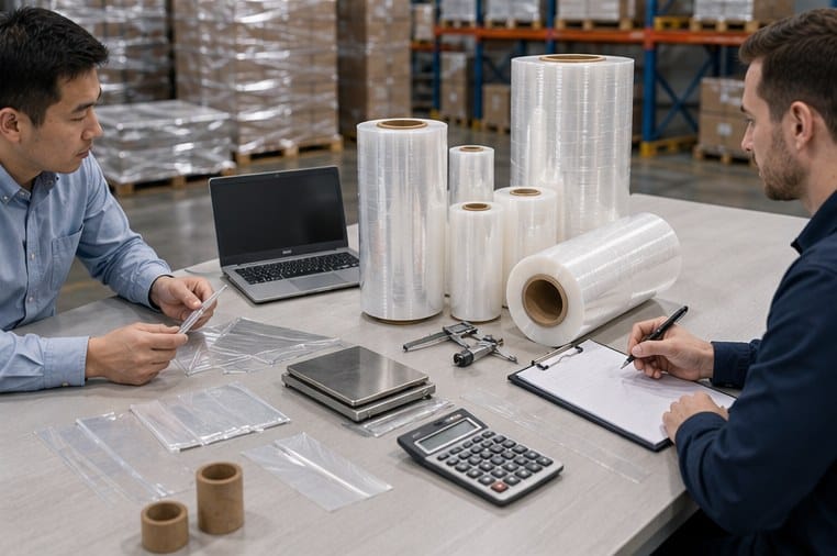 Procurement team comparing stretch film supplier samples and specifications