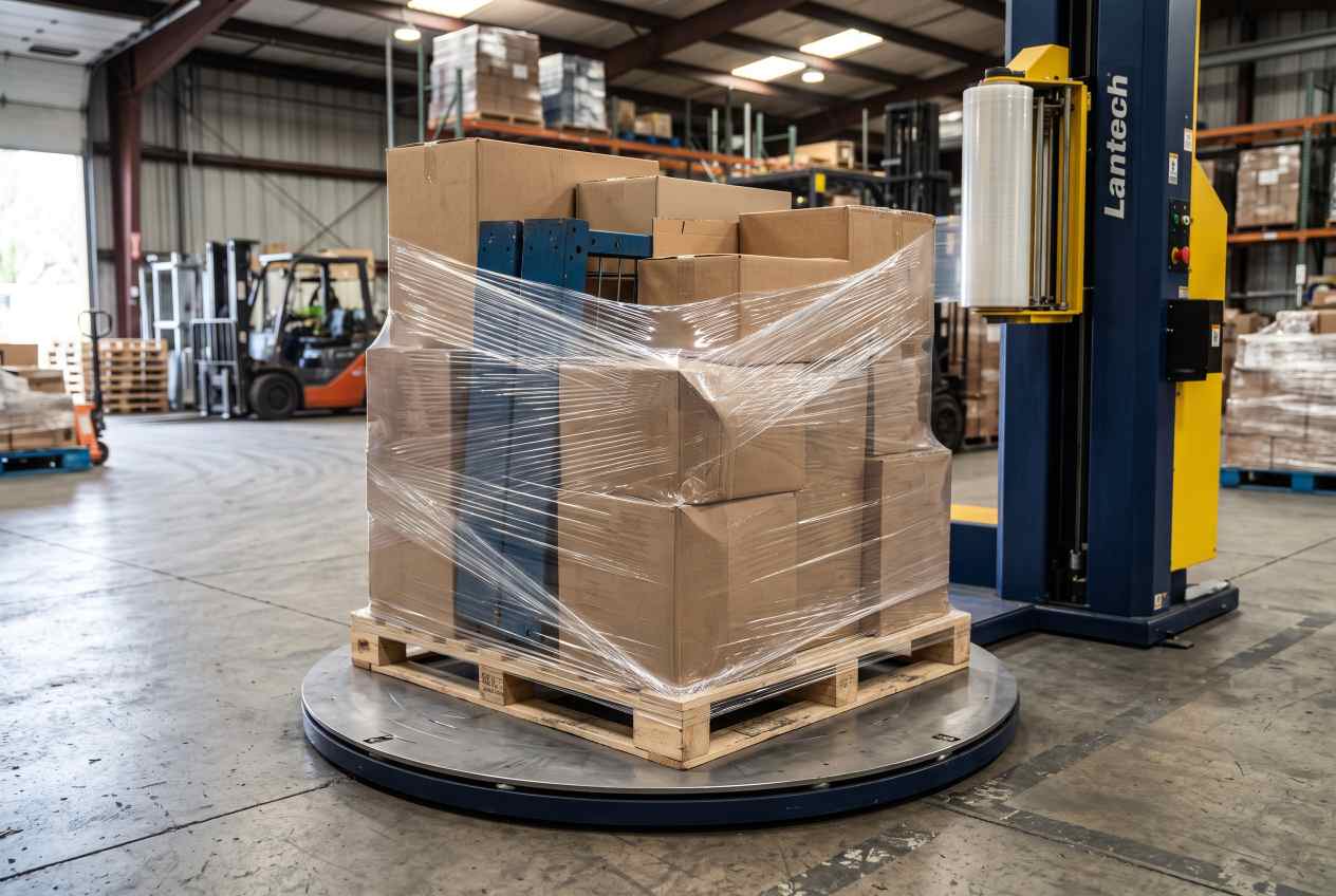 Puncture-resistant machine stretch film wrapping an irregular industrial pallet load