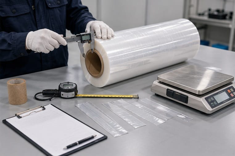 Quality-control inspection of stretch film thickness, roll dimensions and winding