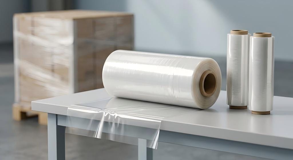 Transparent machine stretch film rolls for industrial pallet wrapping