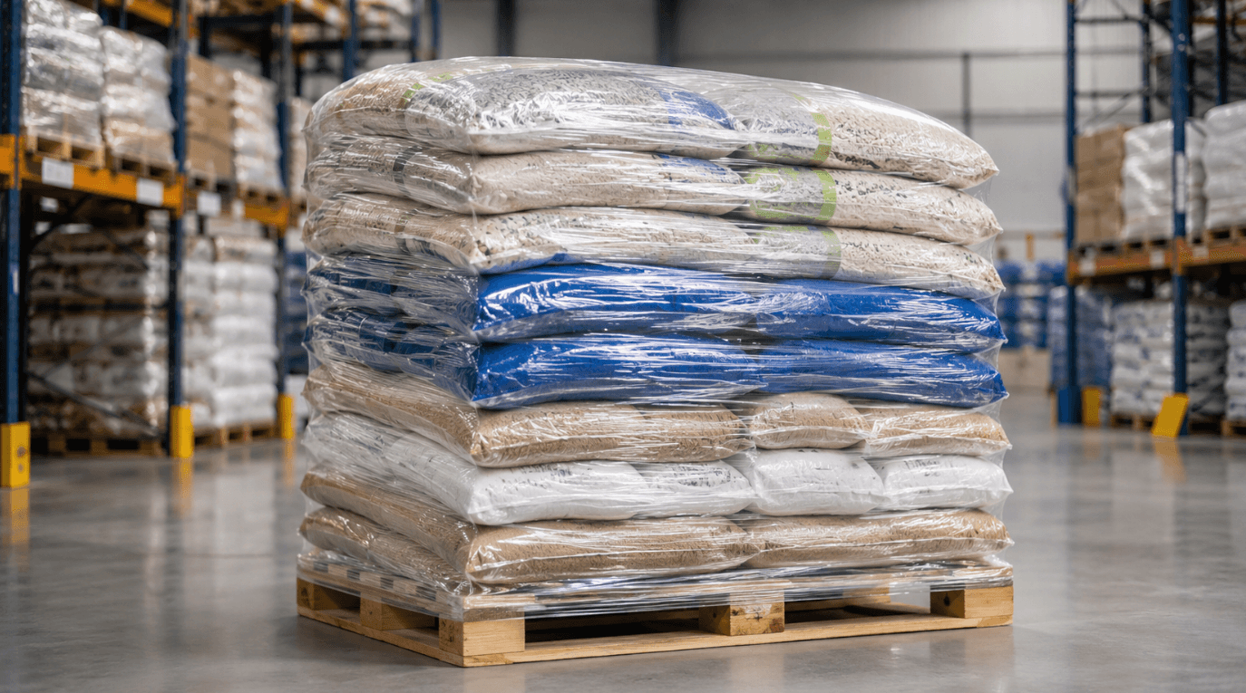 Bagged and soft packaged goods secured on a pallet