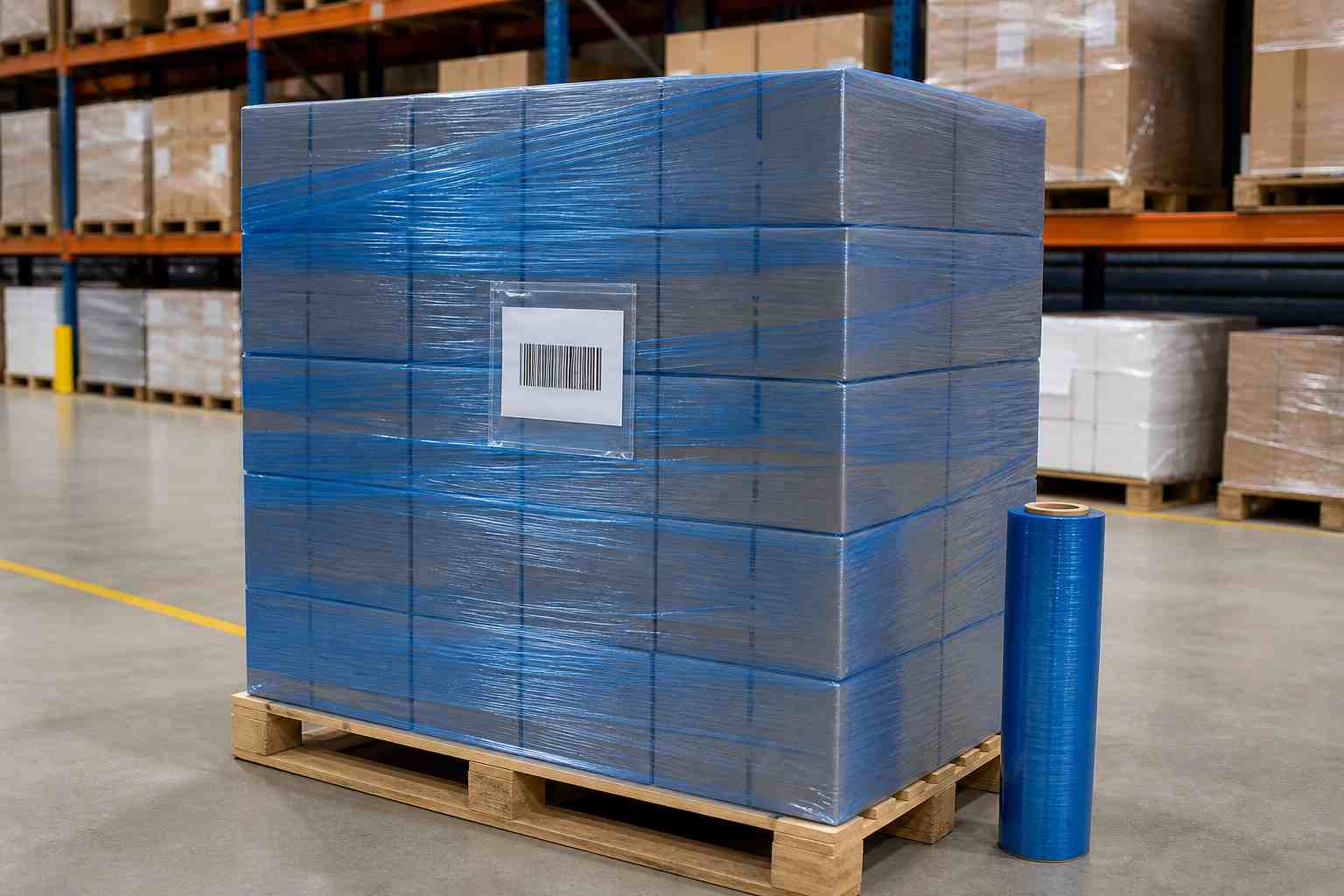 Blue stretch wrap identifying a pallet while keeping the cartons visible