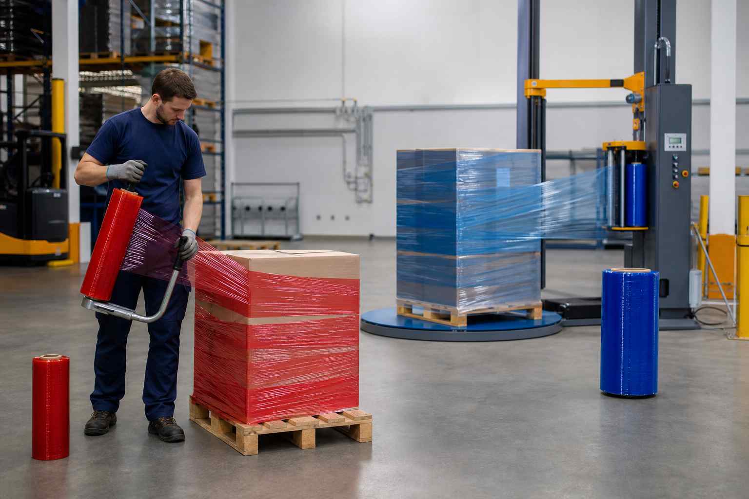 Worker applying red hand stretch film beside a machine wrapping a pallet in blue film