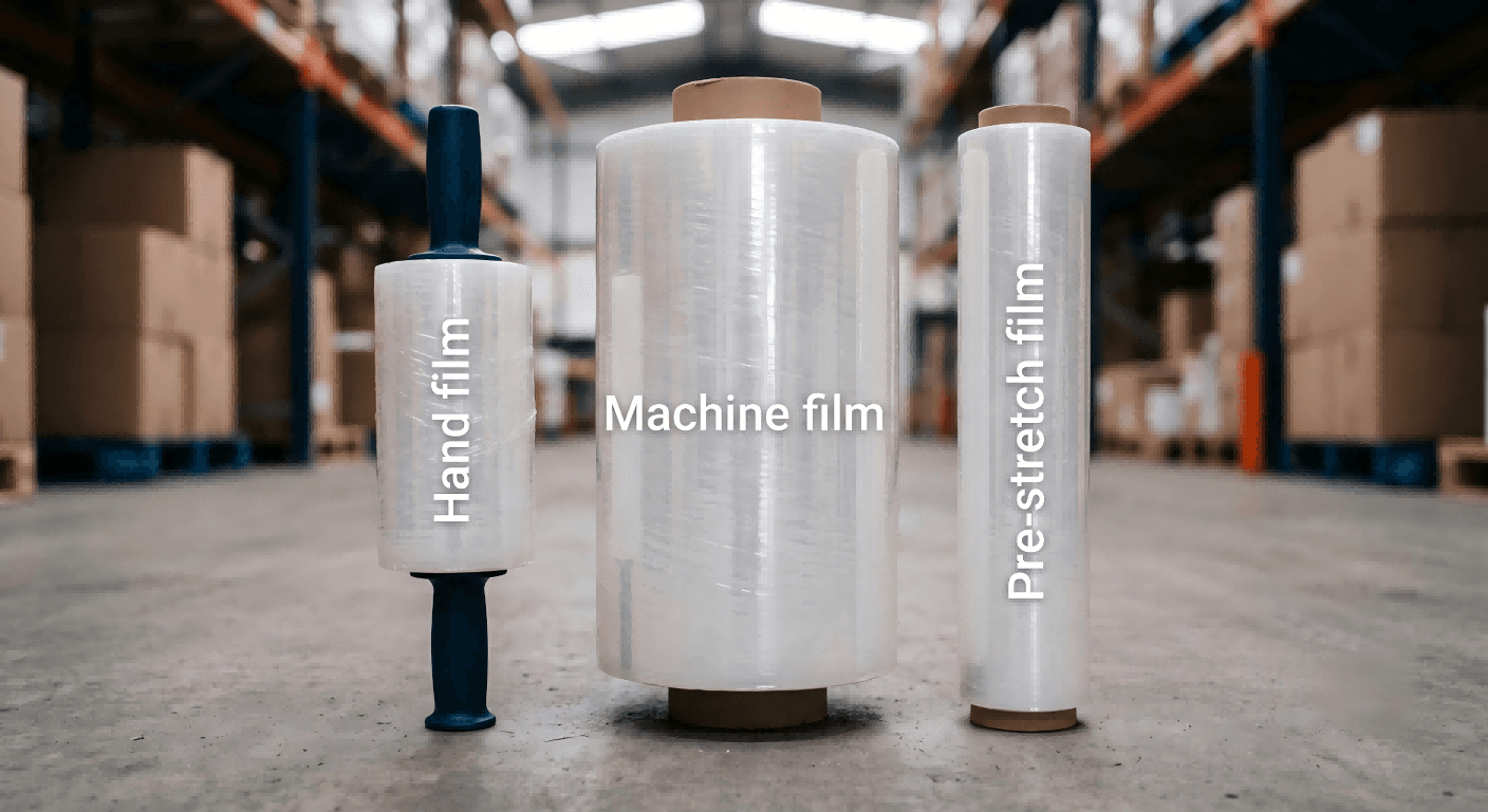 Hand, machine, and pre-stretch film rolls shown side by side in a warehouse