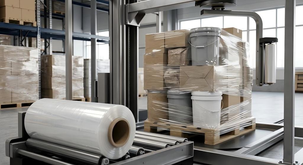 Heavy-duty stretch film securing an irregular industrial pallet load