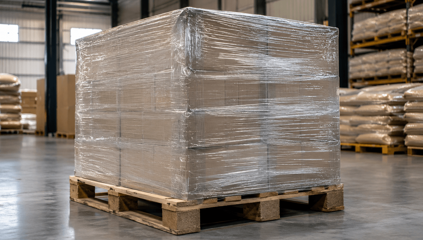 Heavy industrial pallet load secured with transparent pallet stretch film