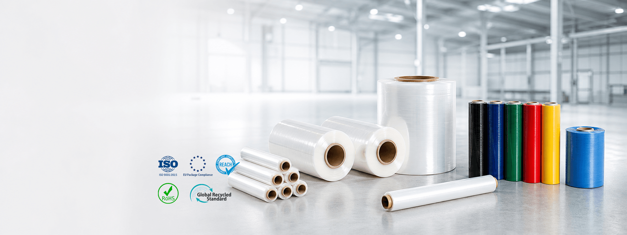 different stretch film rolls displayed in a modern manufacturing facility