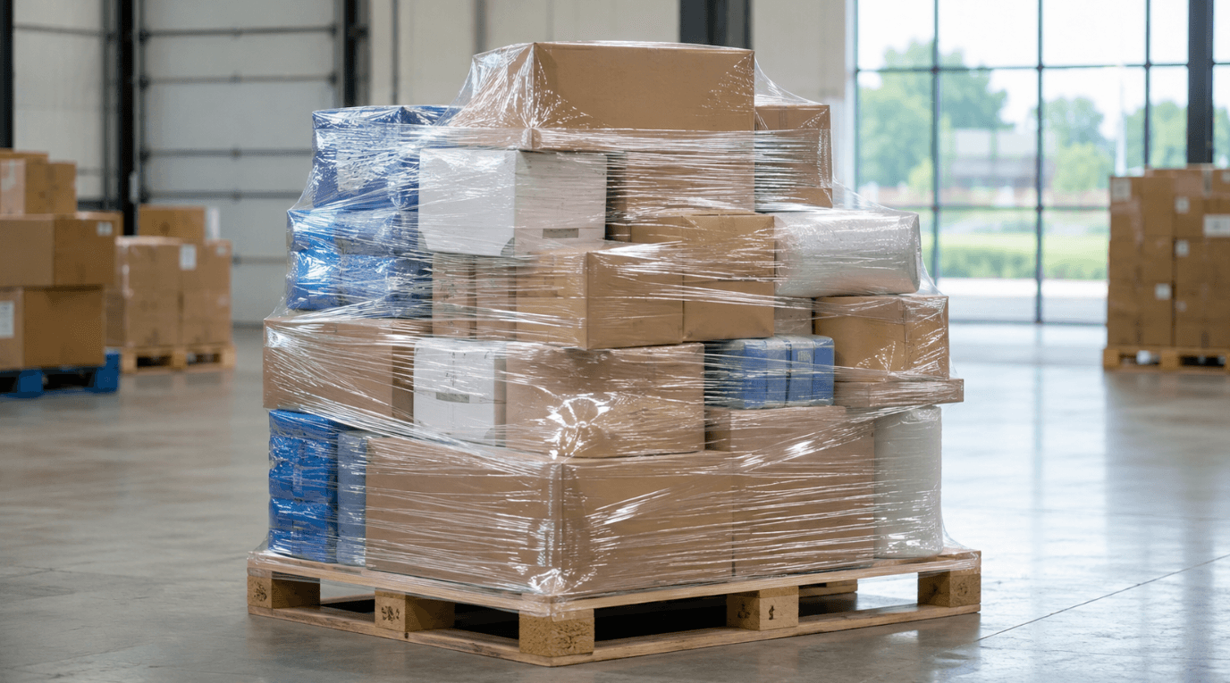 Irregular mixed pallet load wrapped with transparent stretch film